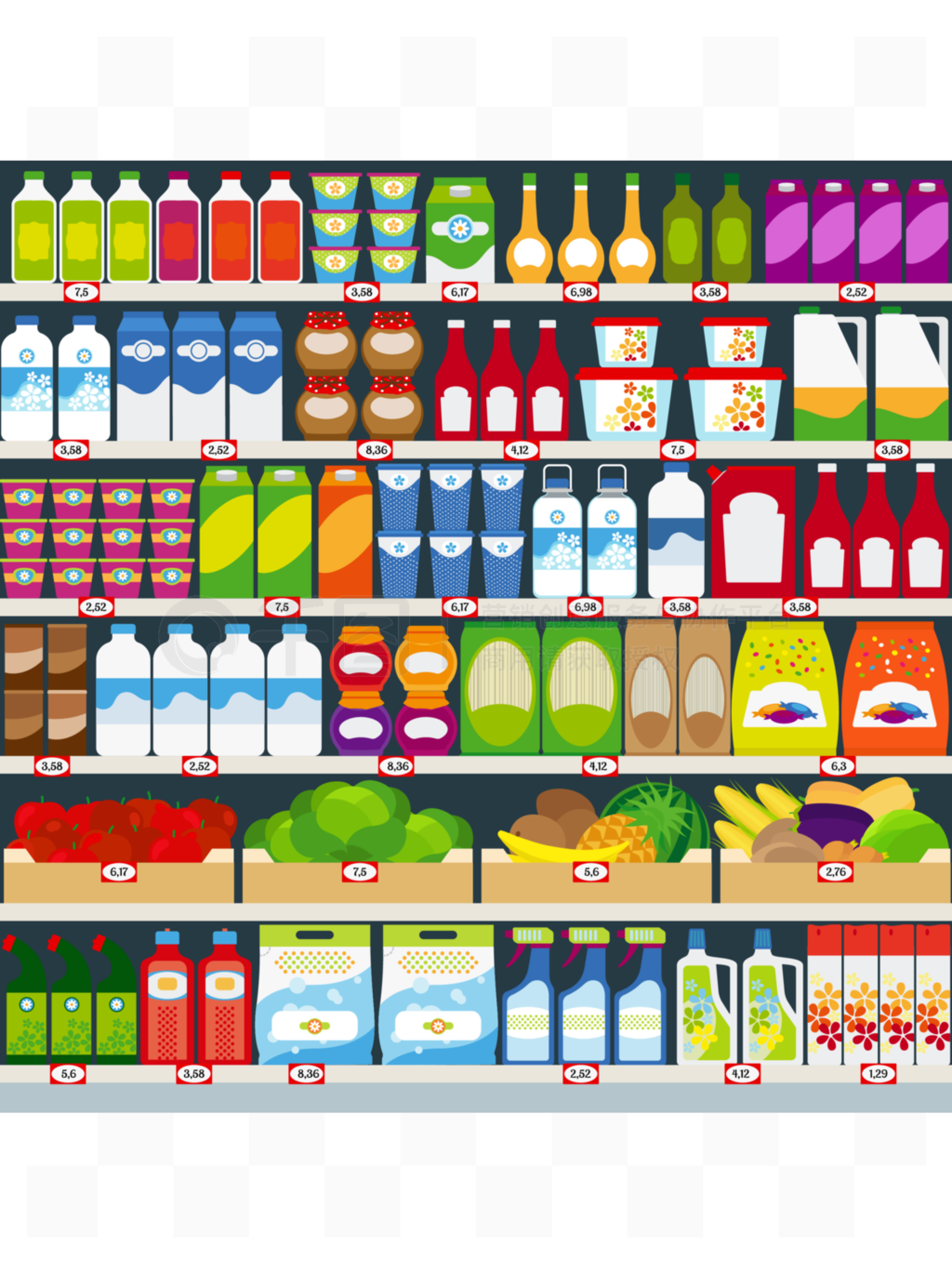 智慧陈列 乳制品、水果与日用化学品货架布局的向量化例证
